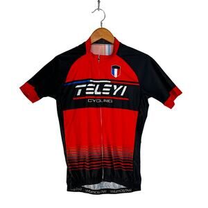 Teleyi Bike Cycling Jersey Full Zip Shirt 3 Pockets‎ Red Black Mens Large